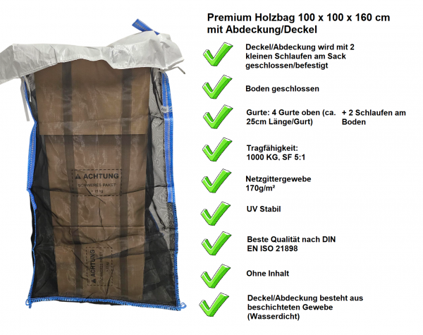 220 Stück Premium Holzbag 100x100x160cm mit Abdeckung